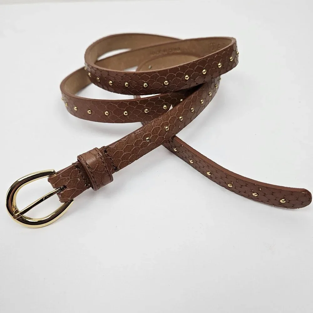 Talbots Brown Snake Embossed Leather Gold Tone Stud Skinny Belt XL